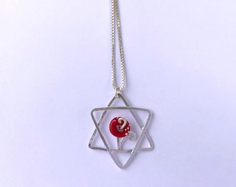 Star of david necklace, Star of David with red glass flower pendant