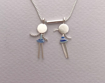 Girl Charms Necklace, sterling silver, silver miniature figures with a glass bead, mother's gift, BFF present, children figures