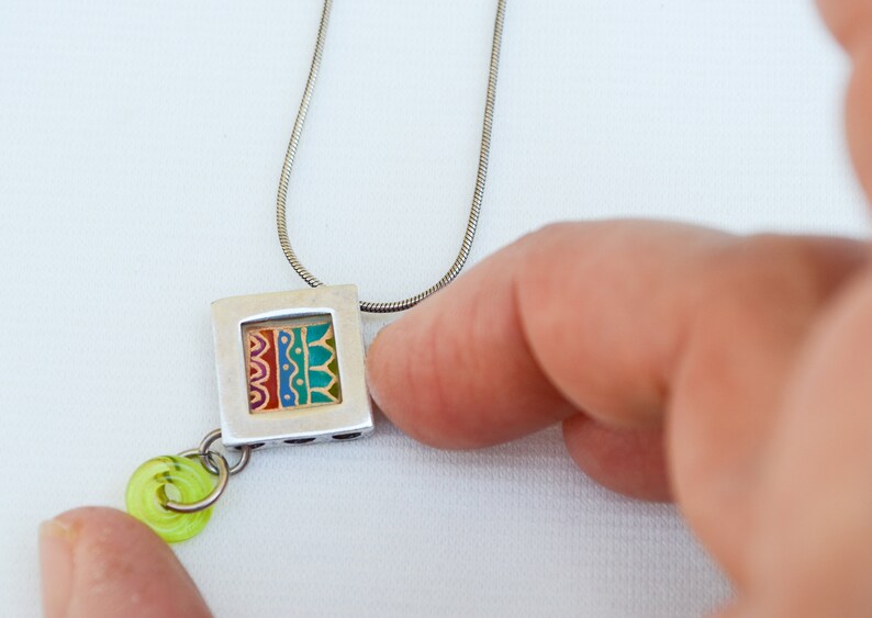 Painted silver and glass necklace Girl necklace, Stained glass necklace Ethnic painted jewelry Israeli jewelry Hand painted jewelry