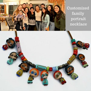 May include: A colorful necklace with glass beads shaped like people. The beads are in various colors, including red, blue, green, and yellow. The necklace is a custom family portrait necklace.