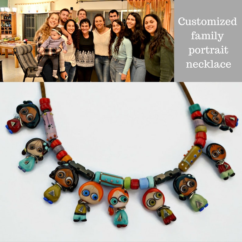 May include: A colorful necklace with glass beads shaped like people. The beads are in various colors, including red, blue, green, and yellow. The necklace is a custom family portrait necklace.
