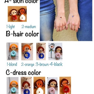 May include: A set of customizable friendship bracelets with a choice of skin tone, hair color, and dress color. The bracelets feature small glass charms of girls with different colored hair, skin, and dresses. Choose from light or medium skin, blond, orange, brown, or black hair, and light blue, blue, white, pink, or red dresses.