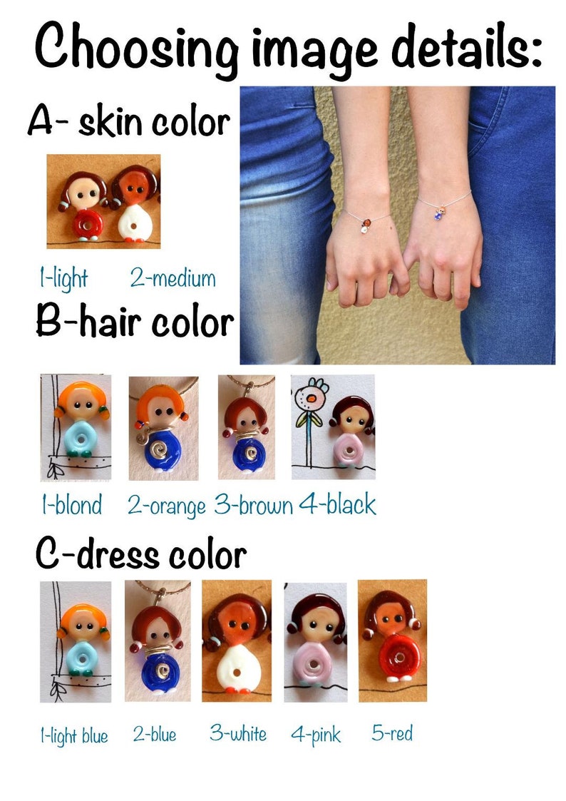 May include: A set of customizable friendship bracelets with a choice of skin tone, hair color, and dress color. The bracelets feature small glass charms of girls with different colored hair, skin, and dresses. Choose from light or medium skin, blond, orange, brown, or black hair, and light blue, blue, white, pink, or red dresses.