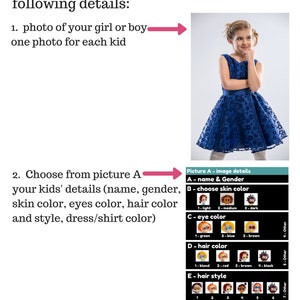 May include: A guide for creating a custom glass portrait. The guide includes a photo of a girl wearing a blue dress, and a chart with options for skin color, eye color, hair color, hair style, and dress/shirt color.