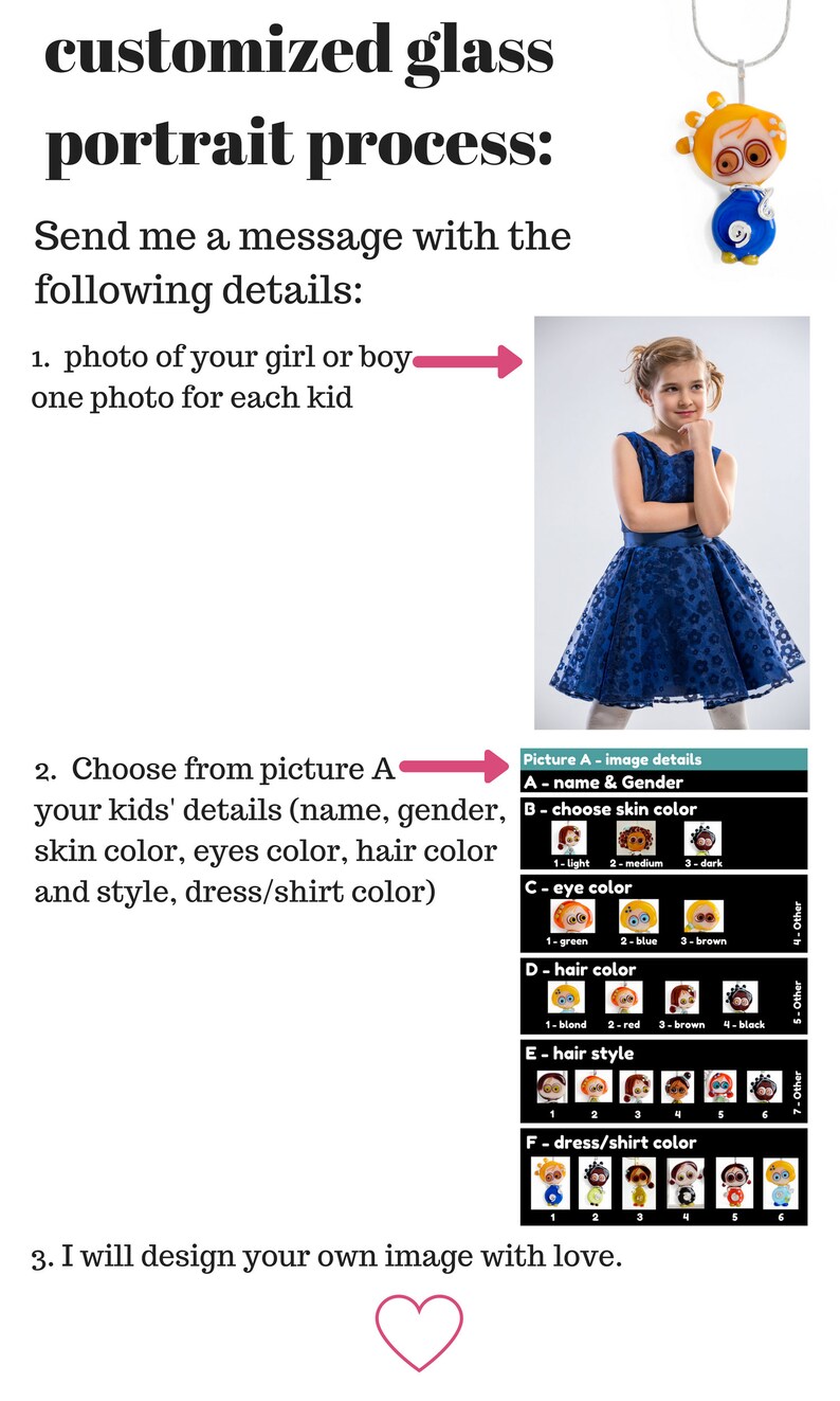 May include: A guide for creating a custom glass portrait. The guide includes a photo of a girl wearing a blue dress, and a chart with options for skin color, eye color, hair color, hair style, and dress/shirt color.