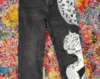 Custom Upcycled Hand Painted Snow Leopard Jeans - Etsy