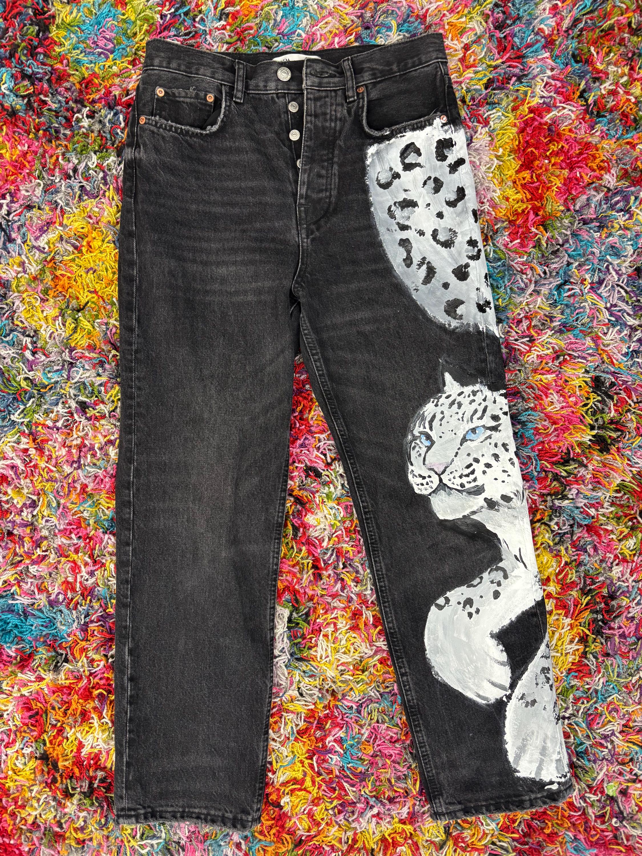 パンツ leopard coating skiny denim pants Custom Upcycled Hand Painted Snow Leopard Jeans - Etsy