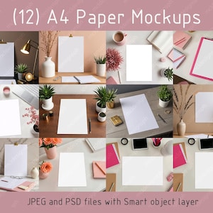 May include: Twelve A4 paper mockups with smart object layers. The mockups are displayed in various settings, including a desk with a laptop, a table with plants, and a desk with office supplies. The paper is white and has a smooth texture.