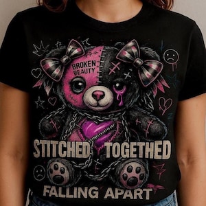 Broken Beauty Stitched Together Falling Apart Teddy Bear T-Shirt | Grunge Aesthetic Pink Goth Bear Tee | Emo Alternative Clothing Gift