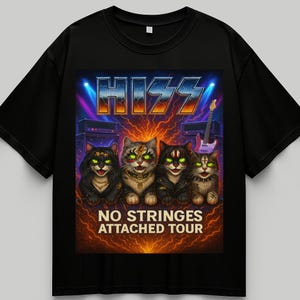 Limited Edition HISS Cat Band T-Shirt | No Strings Attached Tour | Funny Rock & Roll Kitty Tee | KISS Parody Shirt | Cat Lover Gift