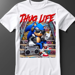 Thug Life Sonic Graphic Tee|Retro Street Style T-Shirt | Funny Hip Hop Gamer Shirt|90s Urban Cartoon Mashup | Cool Gift for Gamers Tee