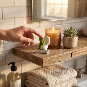 May include: A small green frog figurine sitting on a white miniature toilet, positioned on a wooden shelf next to a lit candle in a glass jar, a small potted succulent, and a tiny hedgehog figurine. The shelf features a plaque reading HOME WHIMSY.