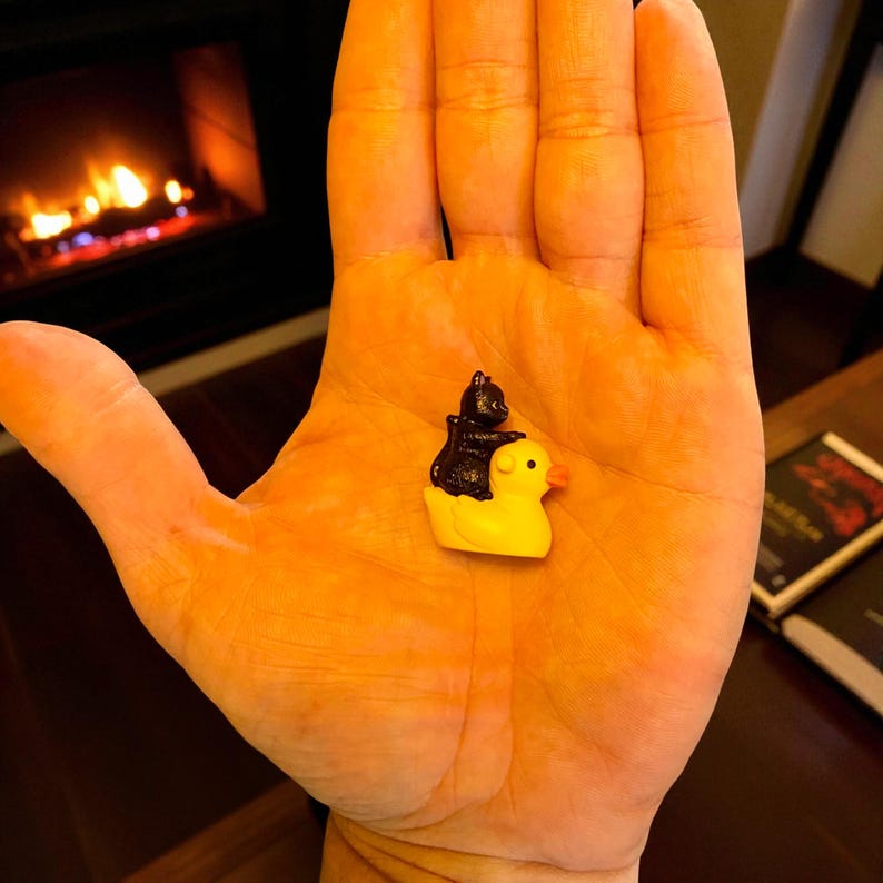 This cat riding duck mini figurine is the perfect way to brighten someone’s day. A fun and unique stocking stuffer, it features playful details that charm everyone who sees it. Ideal for cat lovers, quirky gift seekers, and miniature collectors, it adds humor and personality to any space. A tiny keepsake with big joy.