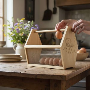 The engraved wooden basket sits on a weathered farmhouse kitchen counter beside a bowl of fresh eggs, a wooden spoon and a bottle of milk in soft window light. This personalized egg collection basket is a handmade farmhouse egg gathering basket, a solid pine wood egg and produce basket with breathable metal mesh sides, a smooth sanded dowel carry handle, and a laser engraved front panel, about 12 inches long, 7.5 inches wide and 10 inches tall. A custom chicken egg basket, engraved egg...