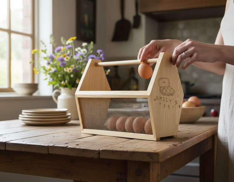 The engraved wooden basket sits on a weathered farmhouse kitchen counter beside a bowl of fresh eggs, a wooden spoon and a bottle of milk in soft window light. This personalized egg collection basket is a handmade farmhouse egg gathering basket, a solid pine wood egg and produce basket with breathable metal mesh sides, a smooth sanded dowel carry handle, and a laser engraved front panel, about 12 inches long, 7.5 inches wide and 10 inches tall. A custom chicken egg basket, engraved egg...