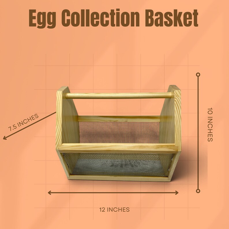 A size diagram shows the wooden mesh basket measuring 12 inches long, 7.5 inches wide and 10 inches tall, roomy enough for a full flock's daily eggs or garden haul. This personalized egg collection basket is a handmade farmhouse egg gathering basket, a solid pine wood egg and produce basket with breathable metal mesh sides, a smooth sanded dowel carry handle, and a laser engraved front panel, about 12 inches long, 7.5 inches wide and 10 inches tall. A custom chicken egg basket, engraved egg...