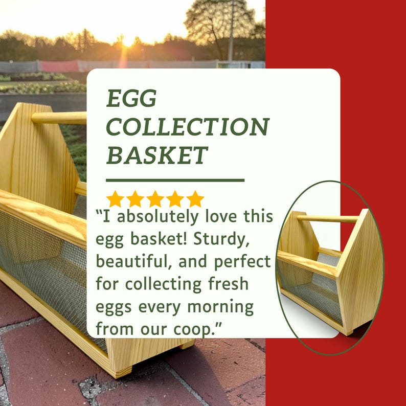 A five star customer review card praises the basket as sturdy, beautiful and perfect for collecting fresh eggs every morning, shown beside the engraved basket. This personalized egg collection basket is a handmade farmhouse egg gathering basket, a solid pine wood egg and produce basket with breathable metal mesh sides, a smooth sanded dowel carry handle, and a laser engraved front panel, about 12 inches long, 7.5 inches wide and 10 inches tall. A custom chicken egg basket, engraved egg...