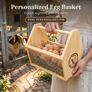 A Personalized banner shows the basket custom engraved with a name and free personalization, filled with fresh eggs in a charming farmhouse setting. This personalized egg collection basket is a handmade farmhouse egg gathering basket, a solid pine wood egg and produce basket with breathable metal mesh sides, a smooth sanded dowel carry handle, and a laser engraved front panel, about 12 inches long, 7.5 inches wide and 10 inches tall. A custom chicken egg basket, engraved egg holder and fresh...