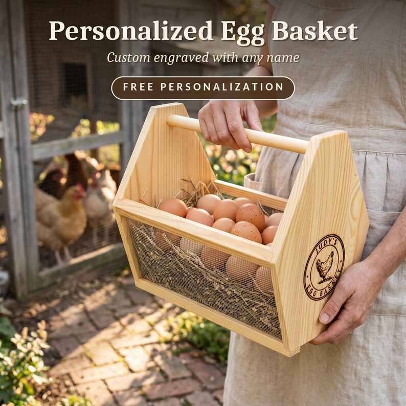 A Personalized banner shows the basket custom engraved with a name and free personalization, filled with fresh eggs in a charming farmhouse setting. This personalized egg collection basket is a handmade farmhouse egg gathering basket, a solid pine wood egg and produce basket with breathable metal mesh sides, a smooth sanded dowel carry handle, and a laser engraved front panel, about 12 inches long, 7.5 inches wide and 10 inches tall. A custom chicken egg basket, engraved egg holder and fresh...