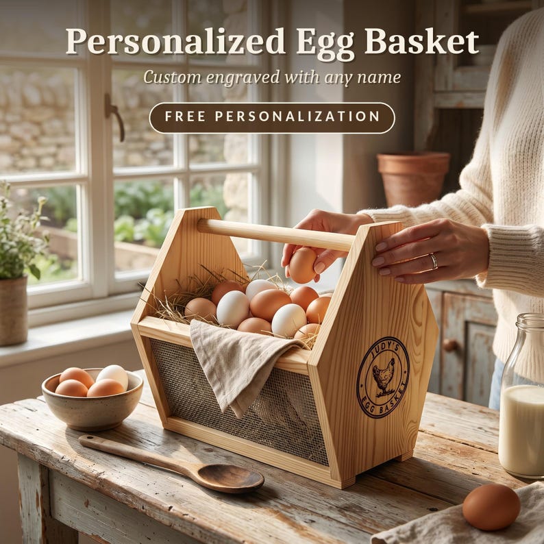 A Personalized banner shows the basket custom engraved with a name and free personalization, filled with fresh eggs in a charming farmhouse setting. This personalized egg collection basket is a handmade farmhouse egg gathering basket, a solid pine wood egg and produce basket with breathable metal mesh sides, a smooth sanded dowel carry handle, and a laser engraved front panel, about 12 inches long, 7.5 inches wide and 10 inches tall. A custom chicken egg basket, engraved egg holder and fresh...