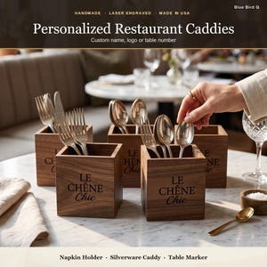 Wood Utensil Organizer Custom Designs for Kitchen Counter, Personalized Flatware Caddy, Engraved Utensil Holder, Kitchen Table Decor