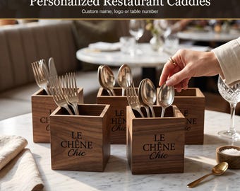 Wood Utensil Organizer Custom Designs for Kitchen Counter, Personalized Flatware Caddy, Engraved Utensil Holder, Kitchen Table Decor