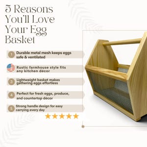 An infographic lists five reasons to love the basket: durable ventilated mesh, rustic farmhouse style, lightweight build, everyday versatility and a strong handle. This personalized egg collection basket is a handmade farmhouse egg gathering basket, a solid pine wood egg and produce basket with breathable metal mesh sides, a smooth sanded dowel carry handle, and a laser engraved front panel, about 12 inches long, 7.5 inches wide and 10 inches tall. A custom chicken egg basket, engraved egg...