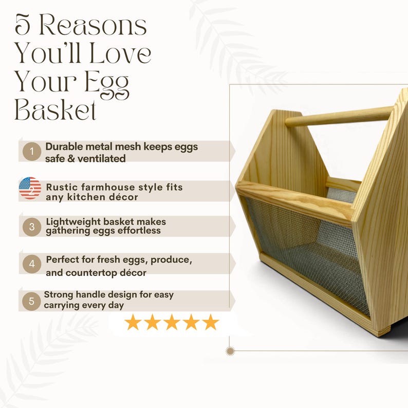 An infographic lists five reasons to love the basket: durable ventilated mesh, rustic farmhouse style, lightweight build, everyday versatility and a strong handle. This personalized egg collection basket is a handmade farmhouse egg gathering basket, a solid pine wood egg and produce basket with breathable metal mesh sides, a smooth sanded dowel carry handle, and a laser engraved front panel, about 12 inches long, 7.5 inches wide and 10 inches tall. A custom chicken egg basket, engraved egg...