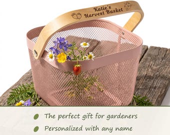 Pink Harvest Basket Plastic Personalized, Custom Text Mesh Garden Basket, Vegetable Picking Basket Gift, Egg Gathering Tote, Gardener Gift