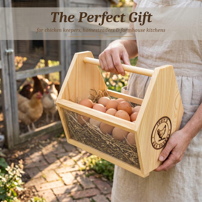 A Perfect Gift banner frames the engraved wooden basket, calling it ideal for chicken keepers, homesteaders, gardeners and anyone who loves farmhouse kitchens. This personalized egg collection basket is a handmade farmhouse egg gathering basket, a solid pine wood egg and produce basket with breathable metal mesh sides, a smooth sanded dowel carry handle, and a laser engraved front panel, about 12 inches long, 7.5 inches wide and 10 inches tall. A custom chicken egg basket, engraved egg...