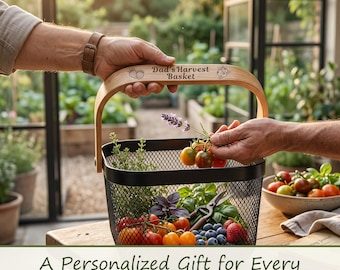 Personalized Black Harvest Basket, Custom Text High Quality Plastic Mesh Garden Basket, Vegetable Picking Tote, Gift for Gardener