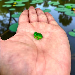May include: A tiny, bright green frog figurine with black eyes and a detailed design. The miniature frog is held in an open hand, with a blurred background of water and lily pads.
