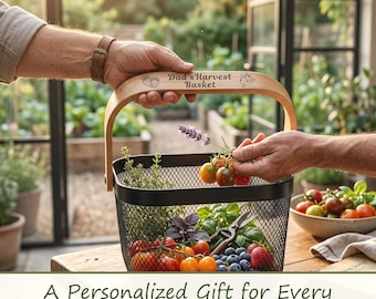Cesta de cosecha personalizada: cesta de jardín de malla negra con texto personalizado, bolsa para recoger verduras y huevos, regalo para jardineros.