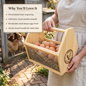 A Why You'll Love It card lists personalized laser engraving, hand sanded solid pine, breathable mesh that keeps eggs fresh and a sturdy dowel handle for daily trips. This personalized egg collection basket is a handmade farmhouse egg gathering basket, a solid pine wood egg and produce basket with breathable metal mesh sides, a smooth sanded dowel carry handle, and a laser engraved front panel, about 12 inches long, 7.5 inches wide and 10 inches tall. A custom chicken egg basket, engraved...