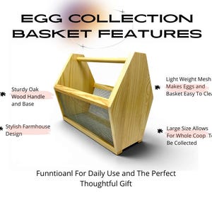 A feature diagram highlights the sturdy wood handle and base, stylish farmhouse design, lightweight easy-clean mesh, and a size that holds eggs from the whole coop. This personalized egg collection basket is a handmade farmhouse egg gathering basket, a solid pine wood egg and produce basket with breathable metal mesh sides, a smooth sanded dowel carry handle, and a laser engraved front panel, about 12 inches long, 7.5 inches wide and 10 inches tall. A custom chicken egg basket, engraved egg...