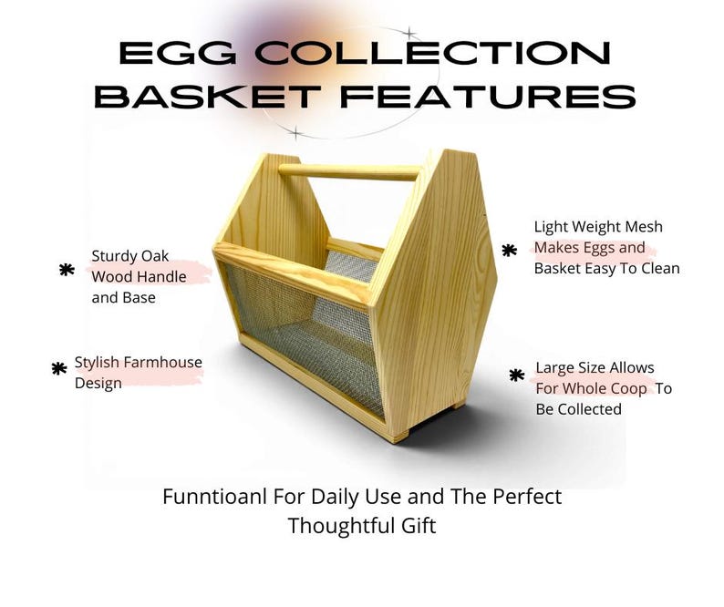 A feature diagram highlights the sturdy wood handle and base, stylish farmhouse design, lightweight easy-clean mesh, and a size that holds eggs from the whole coop. This personalized egg collection basket is a handmade farmhouse egg gathering basket, a solid pine wood egg and produce basket with breathable metal mesh sides, a smooth sanded dowel carry handle, and a laser engraved front panel, about 12 inches long, 7.5 inches wide and 10 inches tall. A custom chicken egg basket, engraved egg...