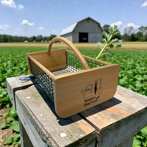 May include: A wooden harvest basket with a wire mesh interior and a curved handle. The basket has the words "Happy Harvest" and gardening tool illustrations printed on the side. A small plant is placed inside the basket. The background features a field and a barn.