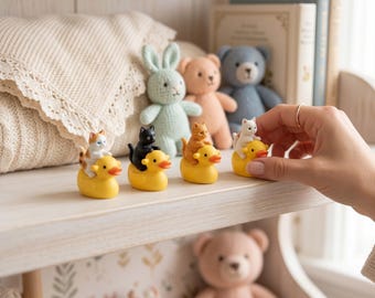 Cat Duck Figures, Tiny Cat Face Ducks, Adorable Cat Gift for Her, Kawaii Desk Decor, Mini Cat Lover Gift Set, Funny Cat Figurine