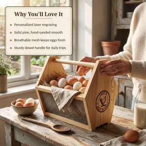 A Why You'll Love It card lists personalized laser engraving, hand sanded solid pine, breathable mesh that keeps eggs fresh and a sturdy dowel handle for daily trips. This personalized egg collection basket is a handmade farmhouse egg gathering basket, a solid pine wood egg and produce basket with breathable metal mesh sides, a smooth sanded dowel carry handle, and a laser engraved front panel, about 12 inches long, 7.5 inches wide and 10 inches tall. A custom chicken egg basket, engraved...