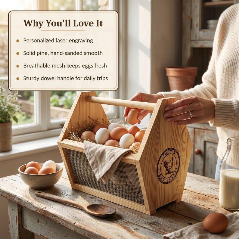 A Why You'll Love It card lists personalized laser engraving, hand sanded solid pine, breathable mesh that keeps eggs fresh and a sturdy dowel handle for daily trips. This personalized egg collection basket is a handmade farmhouse egg gathering basket, a solid pine wood egg and produce basket with breathable metal mesh sides, a smooth sanded dowel carry handle, and a laser engraved front panel, about 12 inches long, 7.5 inches wide and 10 inches tall. A custom chicken egg basket, engraved...