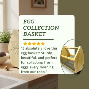 A five star customer review card praises the basket as sturdy, beautiful and perfect for collecting fresh eggs every morning, shown beside the engraved basket. This personalized egg collection basket is a handmade farmhouse egg gathering basket, a solid pine wood egg and produce basket with breathable metal mesh sides, a smooth sanded dowel carry handle, and a laser engraved front panel, about 12 inches long, 7.5 inches wide and 10 inches tall. A custom chicken egg basket, engraved egg...