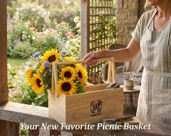 Personalized Picnic Basket, Custom Name Outdoor Dining Basket, Rustic Wood Handle Basket with Garden Tool Set Option, Wedding & Date Gift