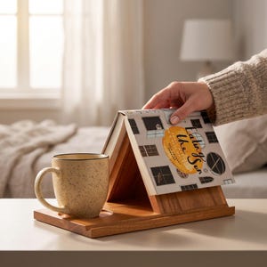 May include: A wooden book stand with a built-in coaster holds an open book titled Eating the Sun, featuring a graphic cover with windows and a yellow circle. A speckled beige ceramic mug sits in the circular cutout on the wooden base.