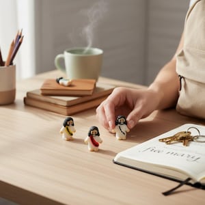 May include: Small figurines of Jesus with black hair and white robes are arranged on a light wood surface. A person's hand is interacting with the figurines. A keychain with a similar figurine hangs from a beige apron. A notebook with the words "free mary" is open.