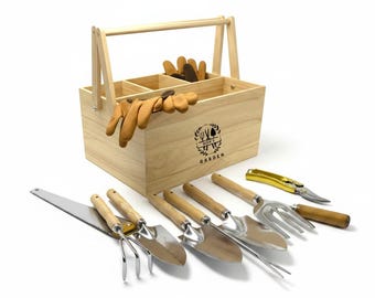 Personalized Wooden Tool Basket Gift Set– Large Engraved Harvest Basket with 8-Piece Garden Tool Kit, Custom Gardener Father's Day Gardening