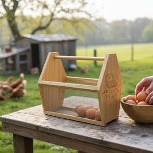 A woman in a linen apron carries the handmade wooden basket loaded with fresh brown eggs past a rustic chicken coop while curious hens gather behind her. This personalized egg collection basket is a handmade farmhouse egg gathering basket, a solid pine wood egg and produce basket with breathable metal mesh sides, a smooth sanded dowel carry handle, and a laser engraved front panel, about 12 inches long, 7.5 inches wide and 10 inches tall. A custom chicken egg basket, engraved egg holder and...