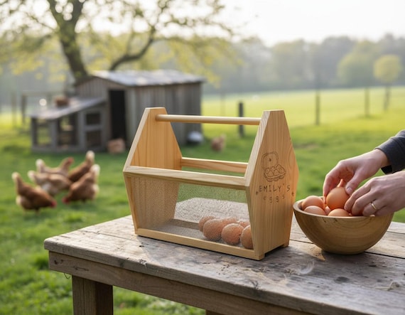 Personalized Egg Collection Basket, Wood & Mesh Egg Gathering Basket with Custom Name, Farmhouse Chicken Egg Holder, Chicken Keeper Gift