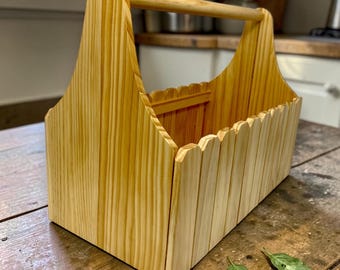 Wooden Garden Basket, Handmade Picket Fence Tool Caddy, Rustic Garden Decor Basket with Custom Text or Logo, Gardening Storage Tote