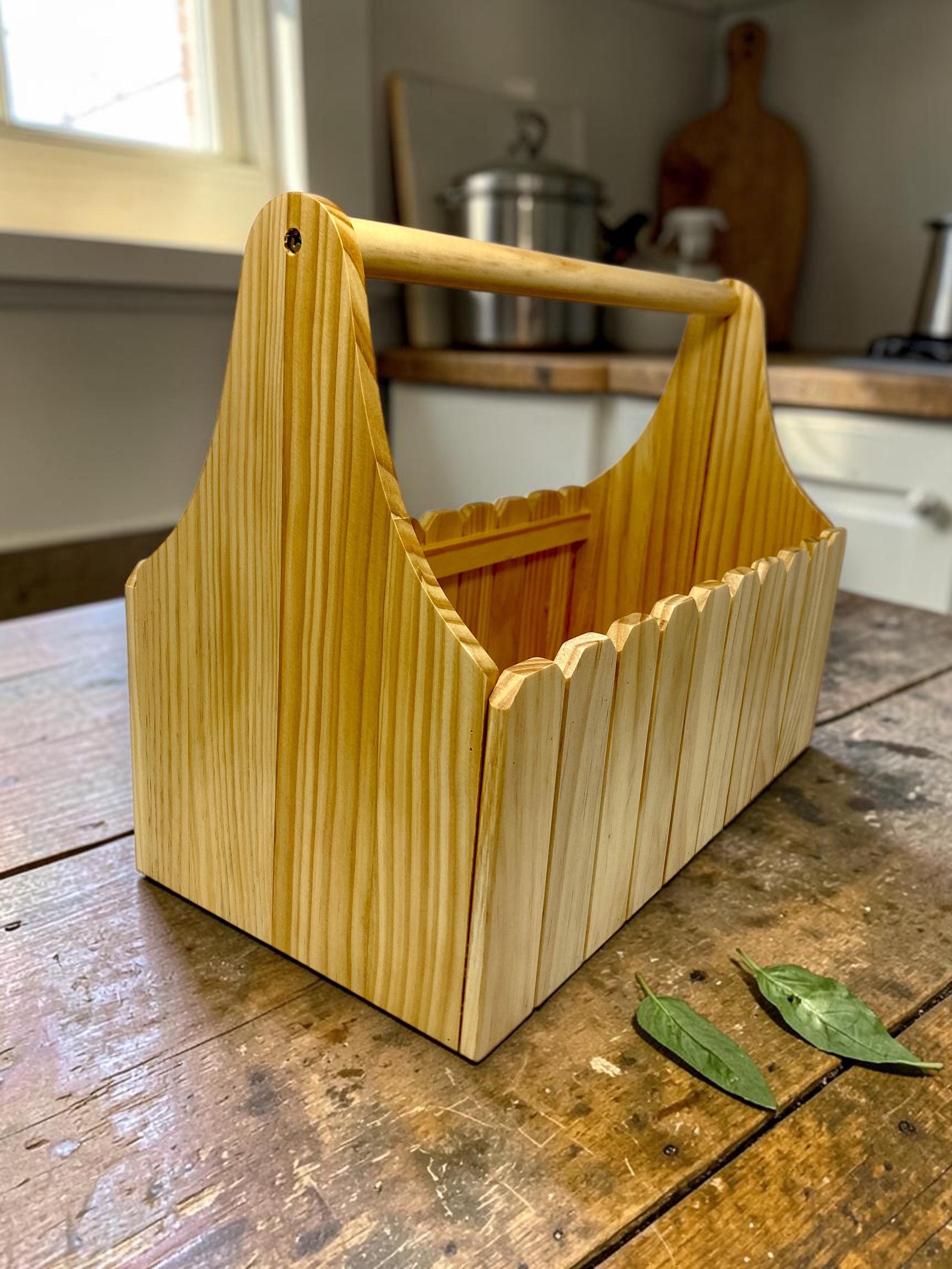 Wooden Garden Basket, Handmade Picket Fence Tool Caddy, Rustic Garden Decor Basket with Custom Text or Logo, Gardening Storage Tote