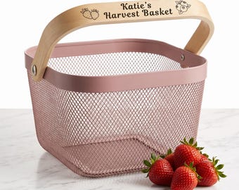 Pink Mesh Harvest Basket Personalized , Custom Name Spring Gift Basket, Egg Collector Baskets, Flower Girl Basket, Metal Garden Basket Gift
